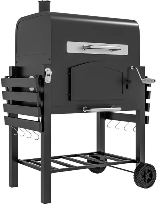 Zwarte barbecue met open deksel, zijhekken en wielen.