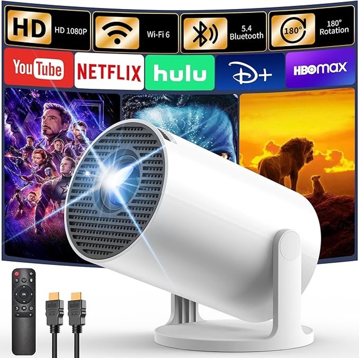 Draagbare Android TV-projector met Wi-Fi en Bluetooth, 1080P ondersteuning