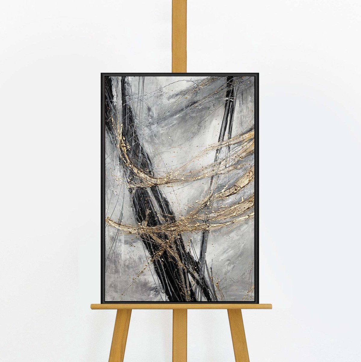 YS Schilderij - Handgeschilderd canvas schilderij - Wanddecoratie moderne Kunst - grijs en goud - Abstract - Muurdecoratie woonkamer - Slaapkamer decoratie - Kamer accessoires - schilderij moderne Kunst - abstracte schilderijen canvas Black 60x40