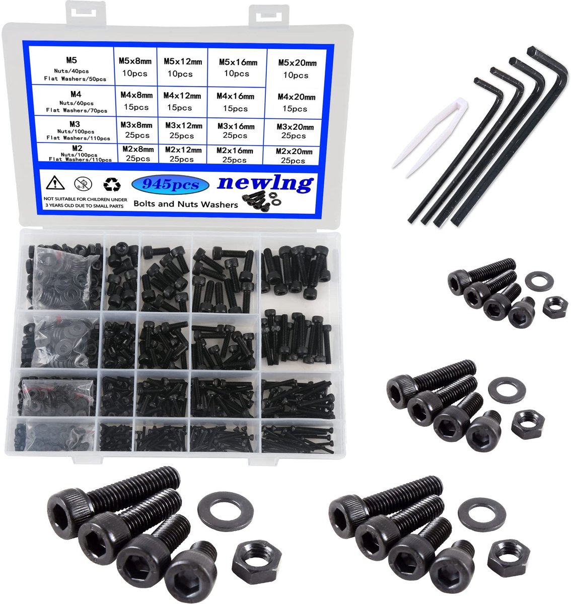 MTTProducts - M2 M3 M4 M5 - Schroeven en moeren set - 945 stuks - Zwart - Inclusief ringen en sleutel - Perfect voor hobby en kluswerk - Ideaal voor di...