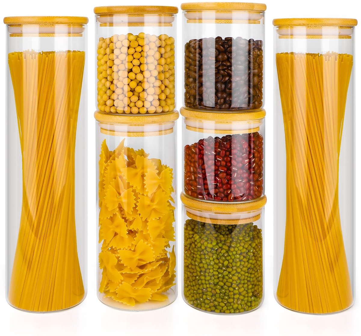 NTHProducts - Glasopslagpotten - Set van 7 - Luchtdicht met bamboe deksel - Geschikt voor koffie, noten en pasta - Perfect voor droge voeding
