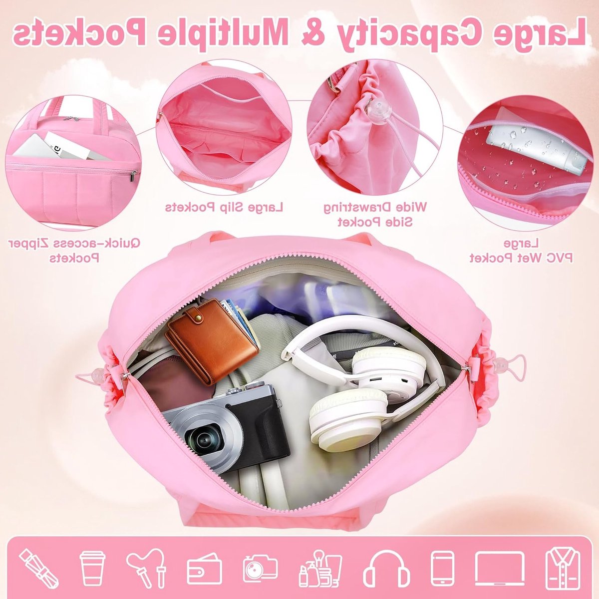 Grote Dames Sporttas 24L Waterdicht met Nat Compartment - Lichtgewicht Weekend Duffle Bag voor Gym en Reizen, Roze
