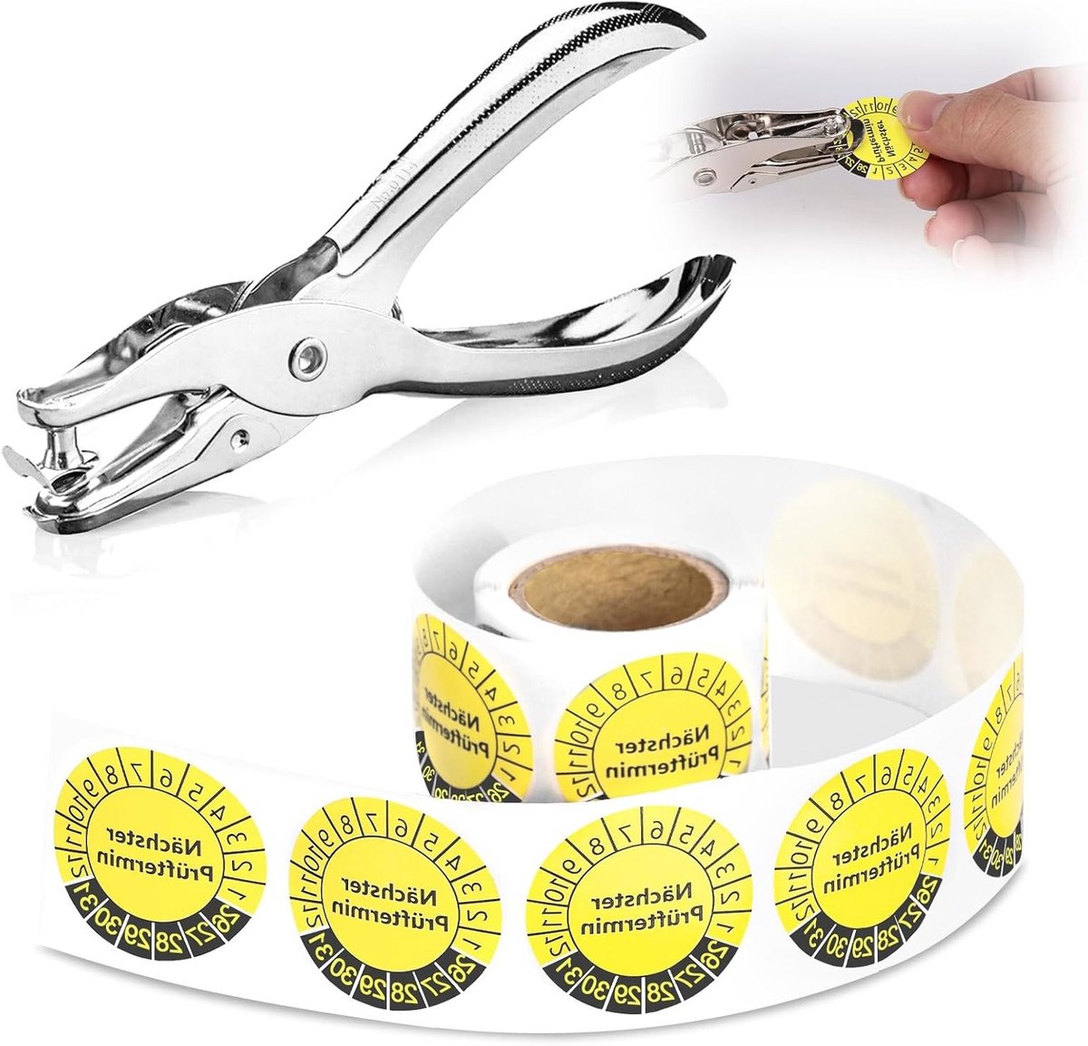 100 Stuks Testlabels met Gaten, 30 mm Rond, Geel, Voor Meerdere Jaren, Geschikt voor Ladders en Trappen, Testdata Stickers en Zorglabels