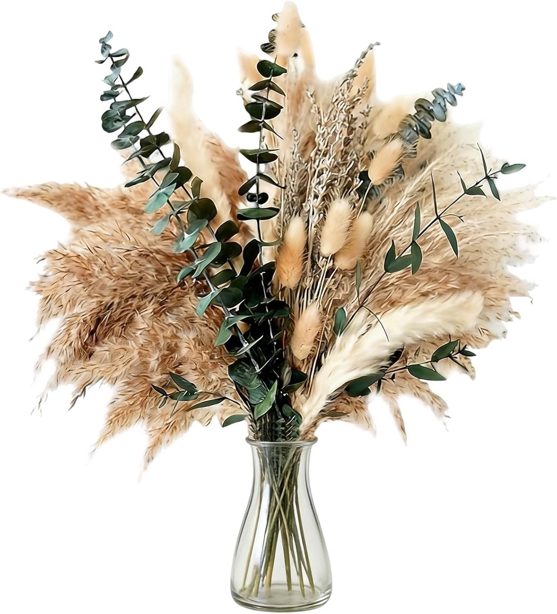 Decoratieve droogbloemen set van 100 stuks, pampa's en natuurlijke bloemen voor Boheemse stijl eettafel, bruiloft en feestdecoratie