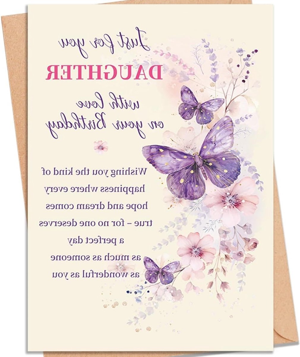 Elegante verjaardagskaart voor dochter met envelop, bloemen en vlinders, liefdevolle boodschap en romantische teksten als speciaal cadeau voor haar verjaardag