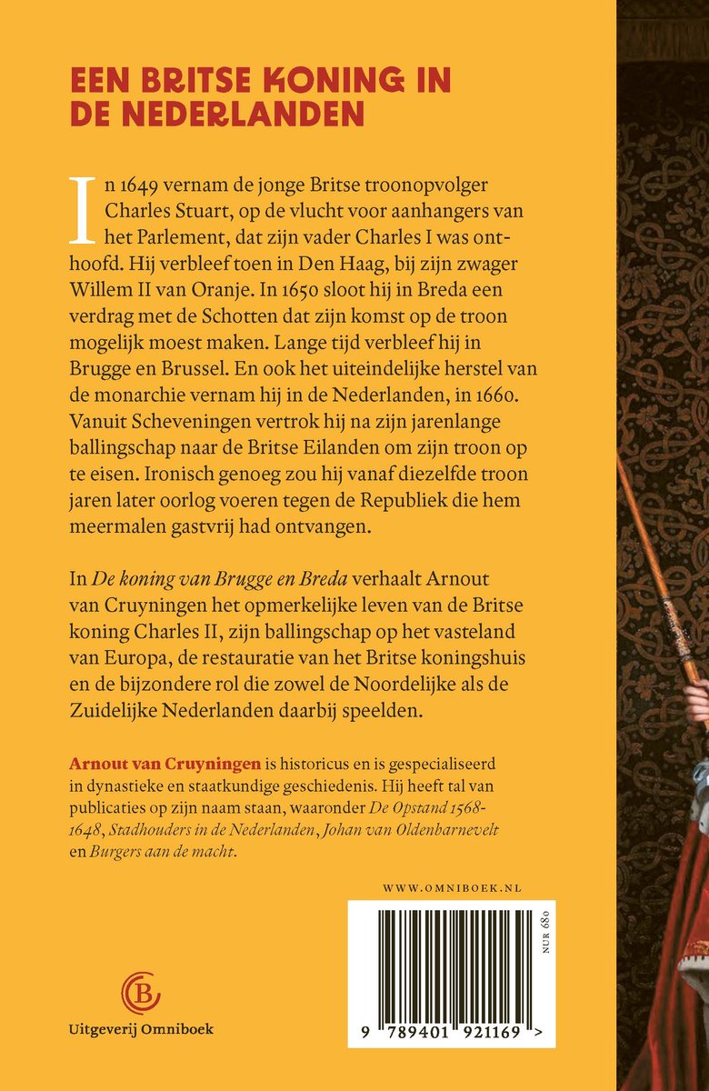 Boekomslag met tekst "Een Britse Koning in de Nederlanden", een portret van Karel II en een oranje band.