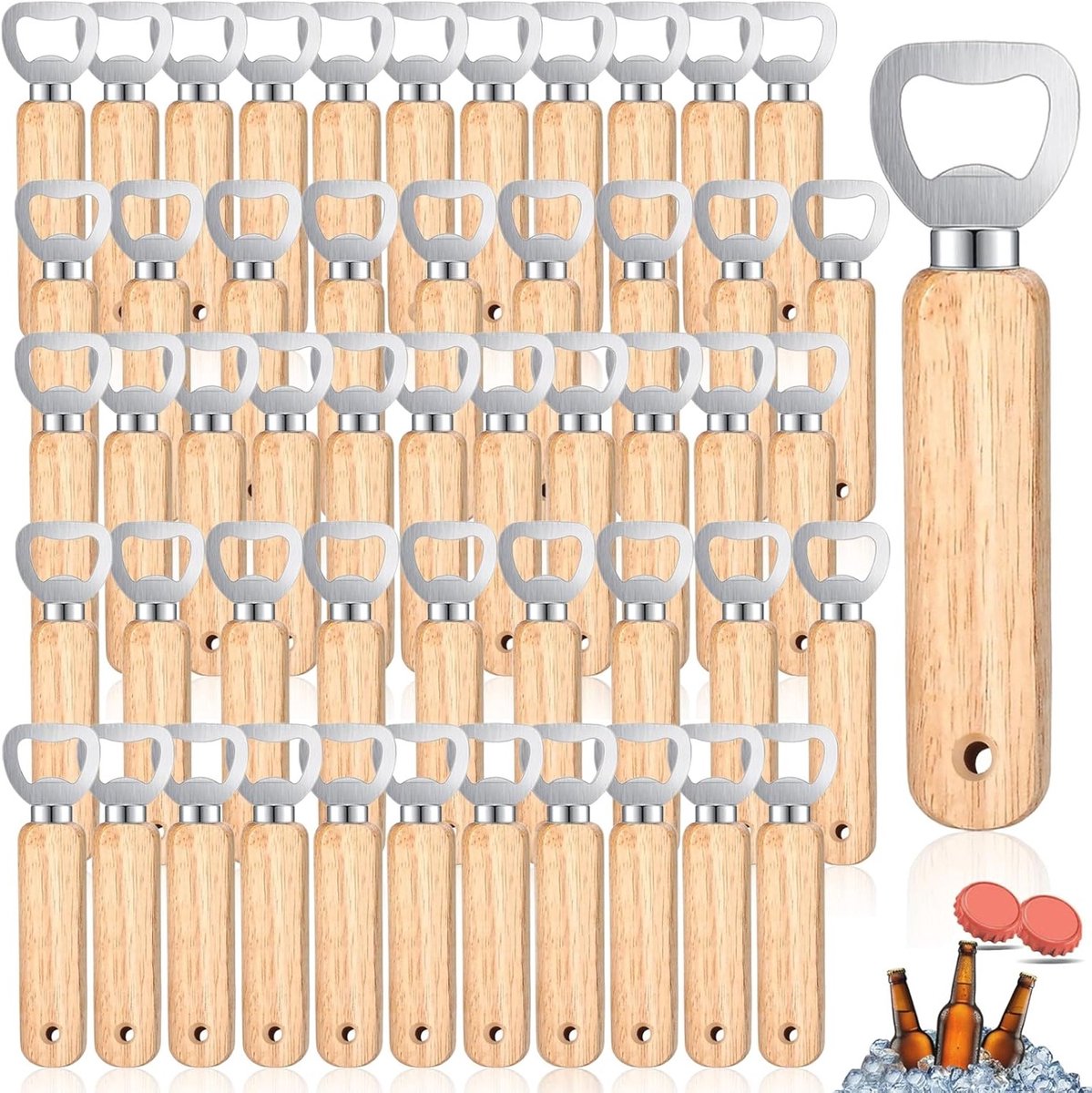 Houten Flesopener met Handvat voor Thuis, Keuken en Bar - Persoonlijk en Draagbaar - 60 Stuks voor Bier en Drankjes