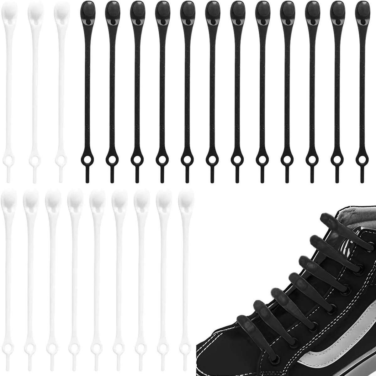 Elastische veters voor kinderen en volwassenen, 24 stuks silicone veters zonder strik voor sportschoenen, 12 witte en 12 zwarte veters