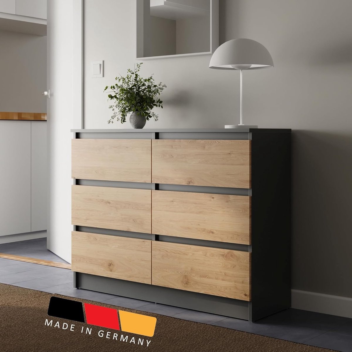 Moderne Commode met 6 Laden in Antraciet & Artisan Eiken - 100x35x78 cm
