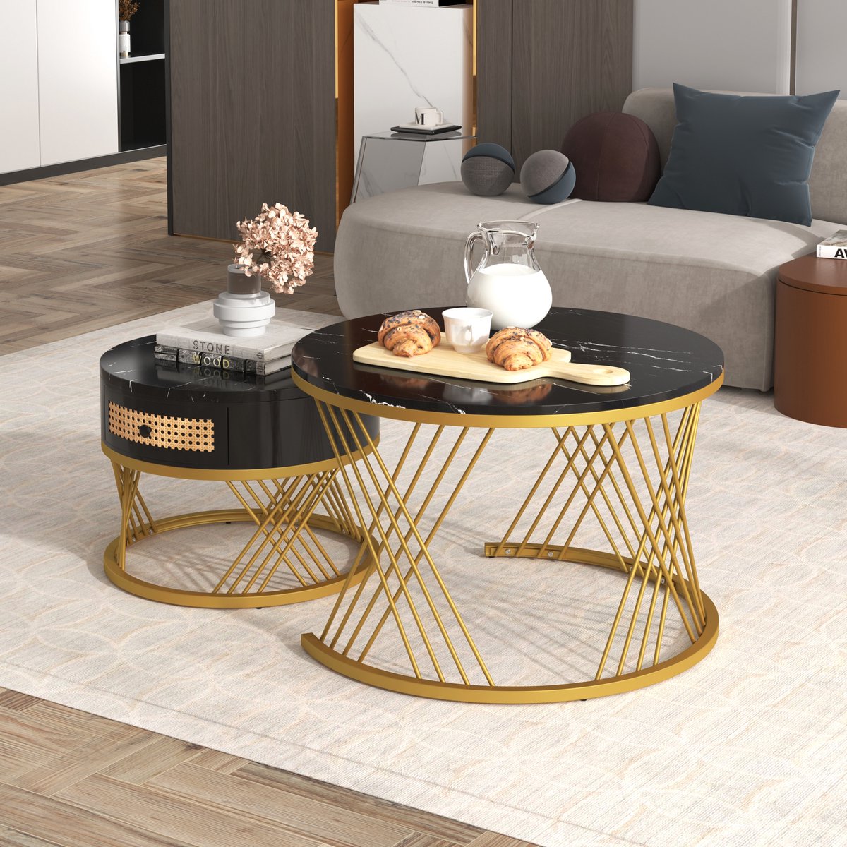 FloraGrace Salontafel Set - 2 Ronde Tafels Met Lade En Opbergruimte - Voor Woonkamer Of Balkon - MDF En Metaal - Zwart