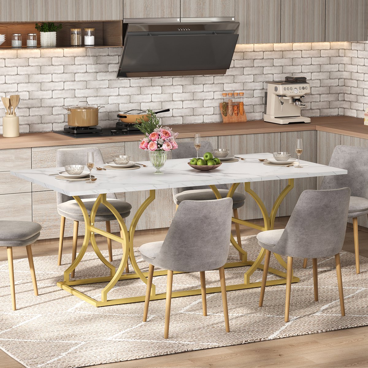 FloraGrace Eettafel - Marmerlook Voor 8 Tot 10 Personen - Voor Eetkamer En Keuken - MDF En Goudkleurig Metaal - 200x80x76 Cm