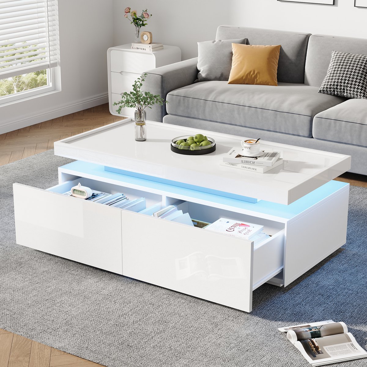 FloraGrace Salontafel - Hoogglans Met LED En 2 Lades - Voor Woonkamer - Spaanplaat - 95 x 45 x 35 Cm - Wit