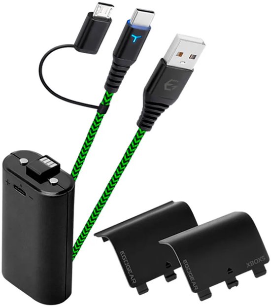 Zwart batterijpakket, kabel en 2 batterijdeksels voor Xbox controllers.
