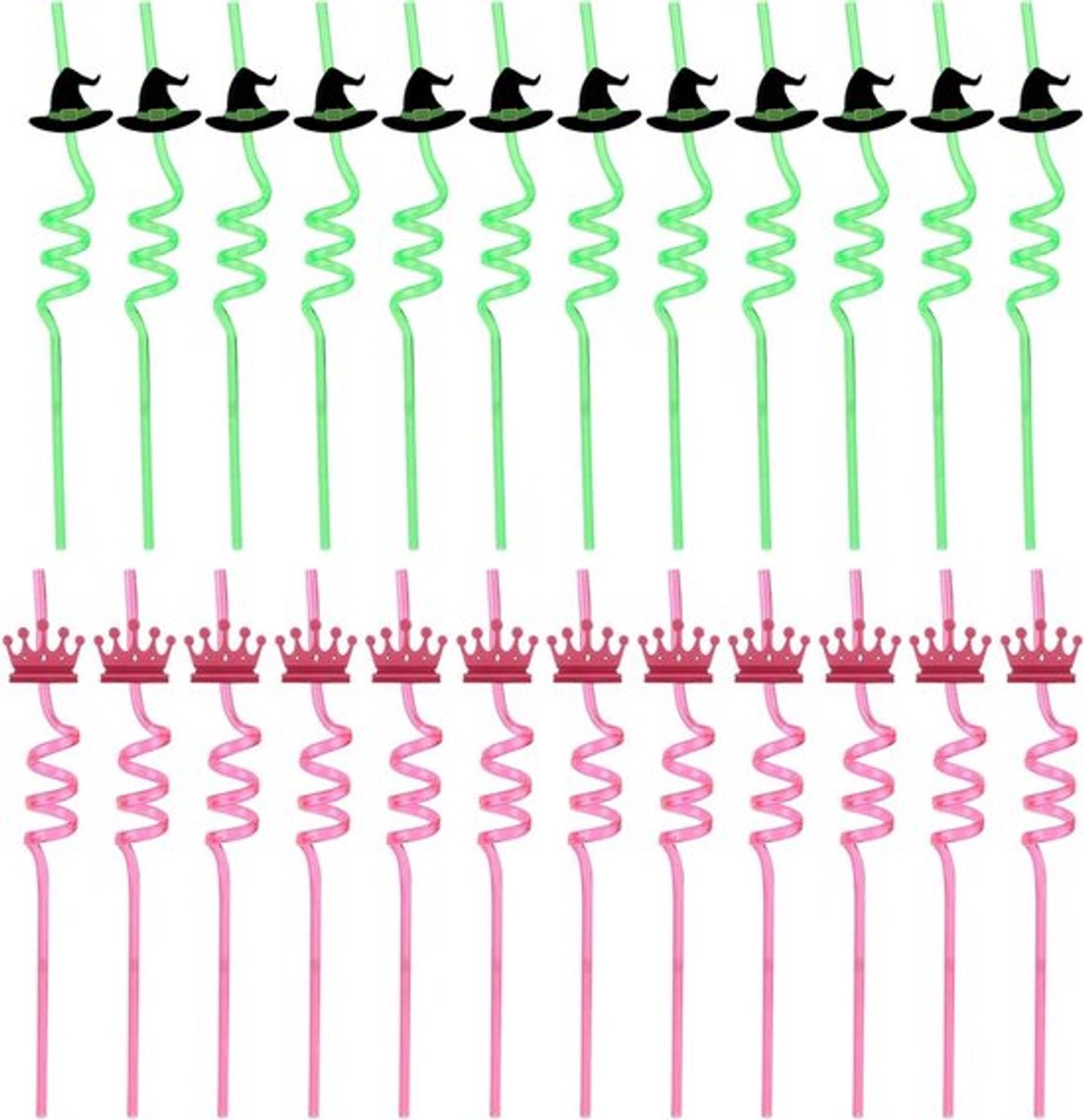 24 Stuks Drinkrietjes voor Verjaardagen, Halloween en Themafeesten - Gekke Kroon en Heksenhoedrietjes - Groen en Roze - Tovenaarsfeestgunsten