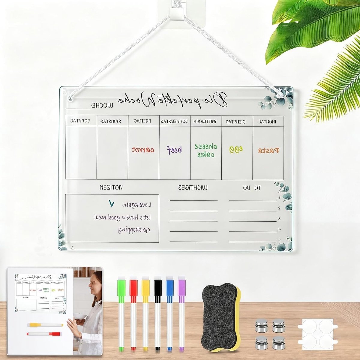 Herbruikbaar Maaltijdplanner Bord voor de Koelkast, Transparante Weekplanner met Bordwisser, Ideaal voor Organisatie en Maaltijdplanning in de Keuken