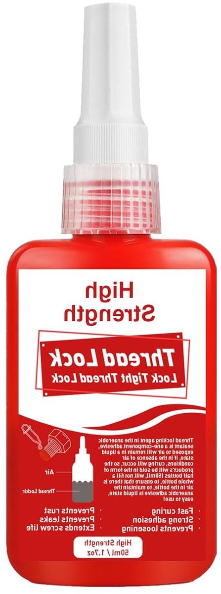 Zeer sterke schroefbeveiliging van 50 ml, voorkomt losraken van moeren en schroeven door trillingen, ideaal voor metaalbevestigingen en langdurige bescherming