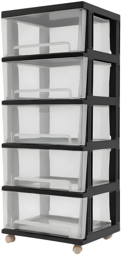 Zwarte ladenkast met 5 doorzichtige lades, 98cm hoog, 40cm breed en 33cm diep.