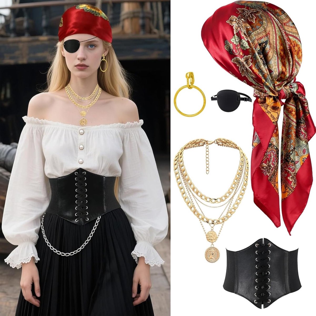 Vrouwelijk piratenkostuum met 9 accessoires, inclusief hoofddeksel, ooglap, ketting en sieraden voor carnaval en themafeesten