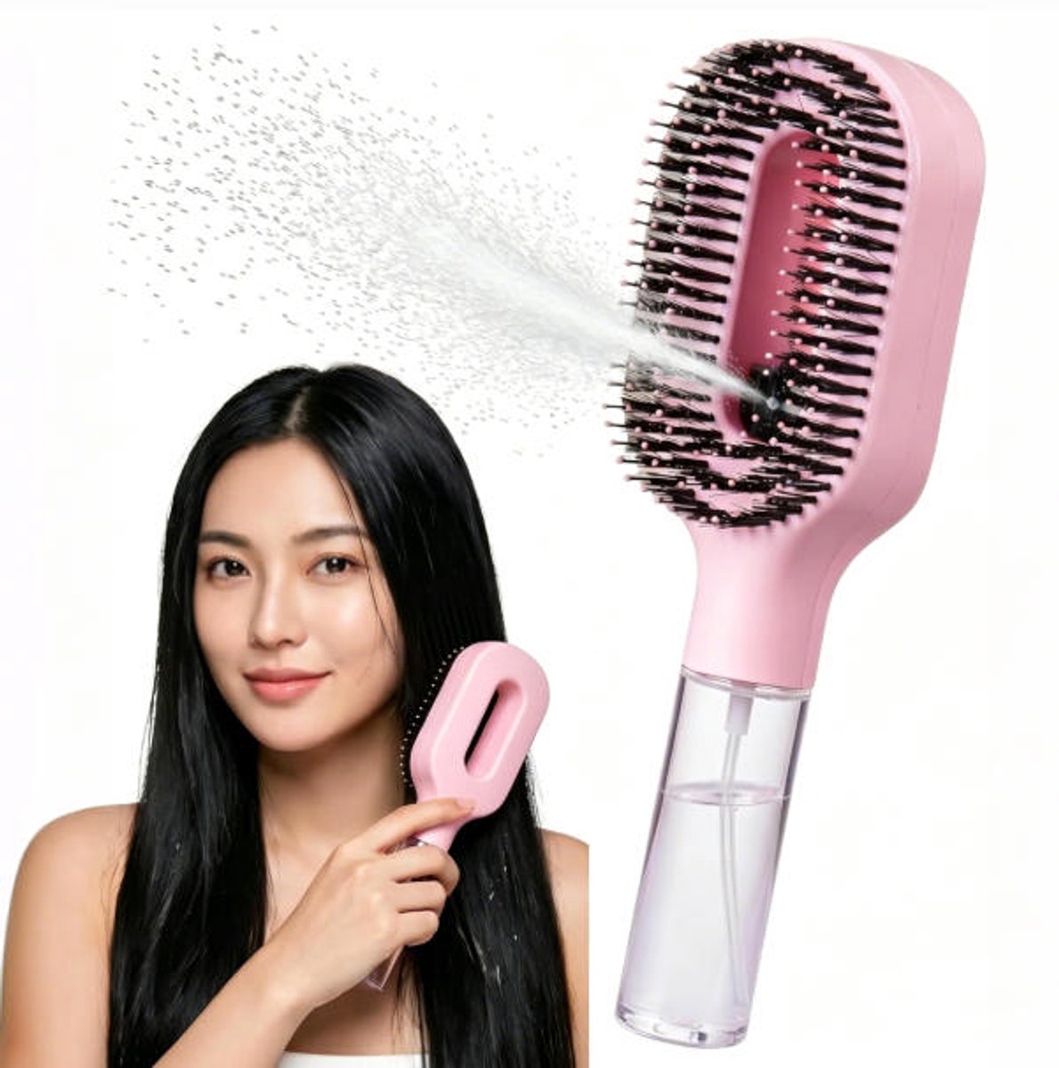 Roze Haarborstel met waterspray – 2-in-1 ontwarringstool tegen pluizig haar, werkt op nat en droog haar, draagbare mistkam voor dik, krullend en fijn haar.