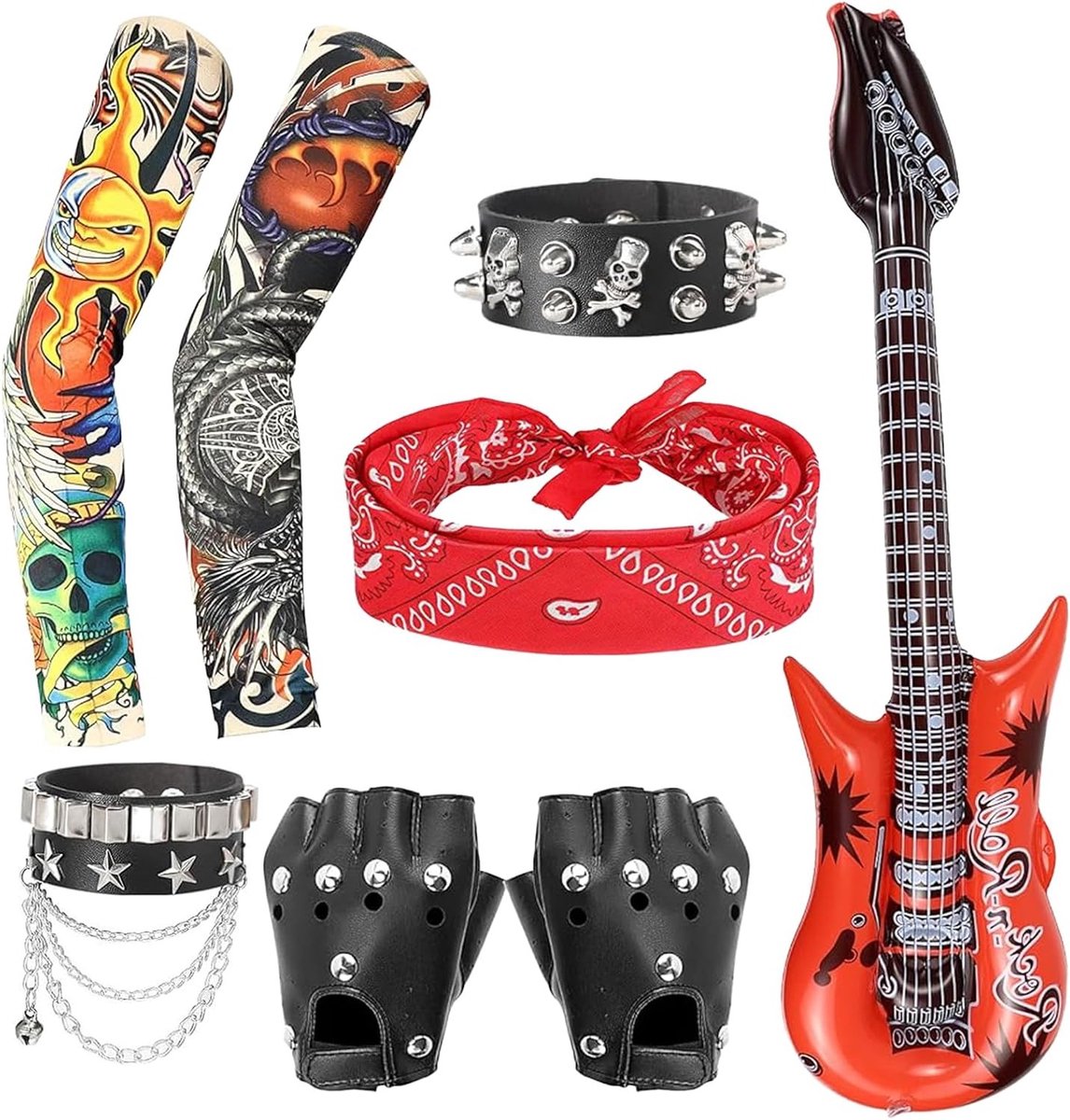 Punk Rockstar Verkleedset van 8 Stukken, Gothic Rocker Kostuumaccessoires voor 80s Disco Feest, Inclusief Handschoenen, Bandana en Tattoo Mouwen