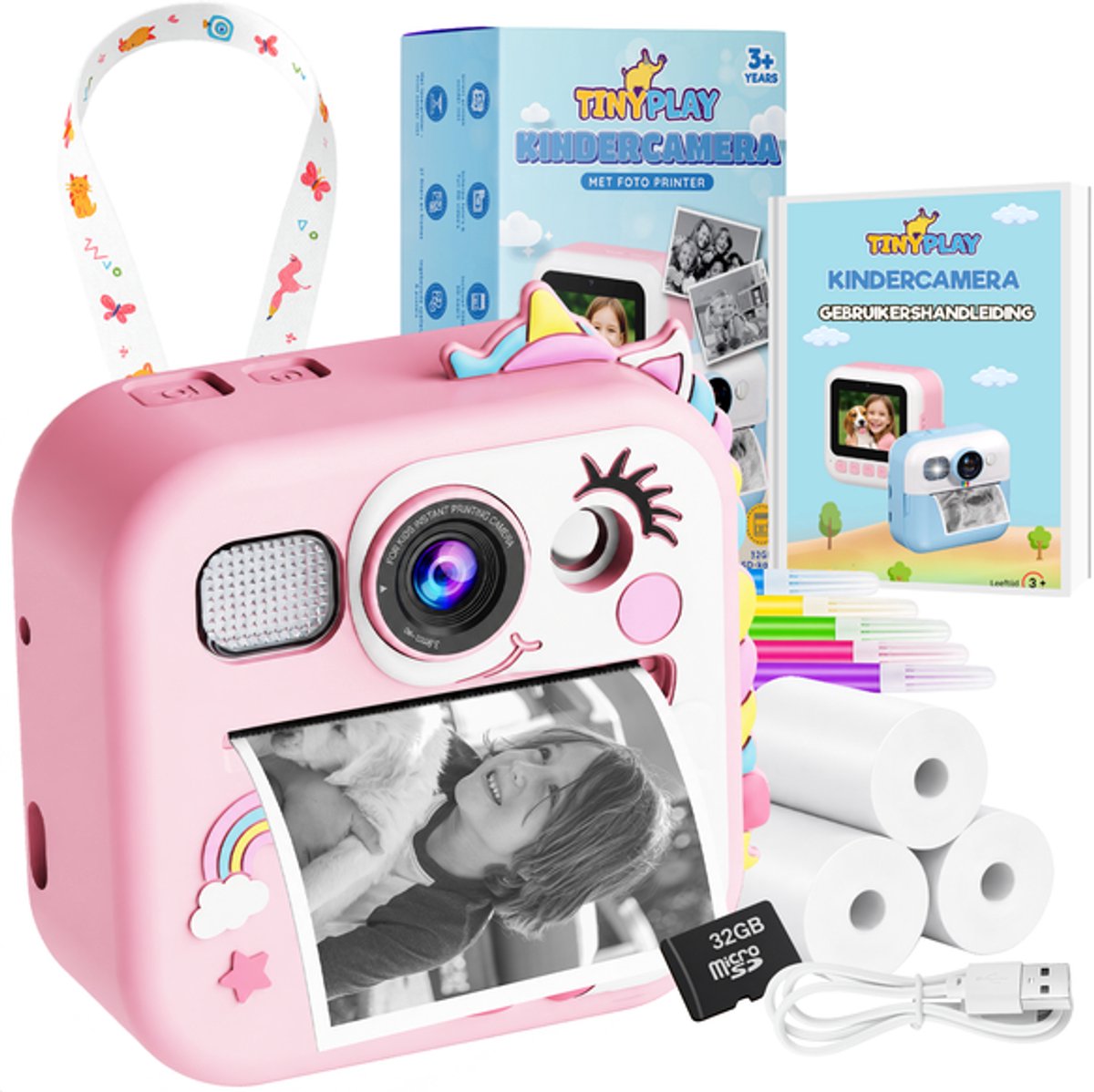 TinyPlay Kindercamera met foto printer - Siliconen Hoes - 48MP - Digitale Camera Kinderen - 32GB SD kaart - Full HD Foto en Video - Spelletjes - Fotoprinter - Kinder camera - Digitale kindercamera - Roze — afbeelding 1