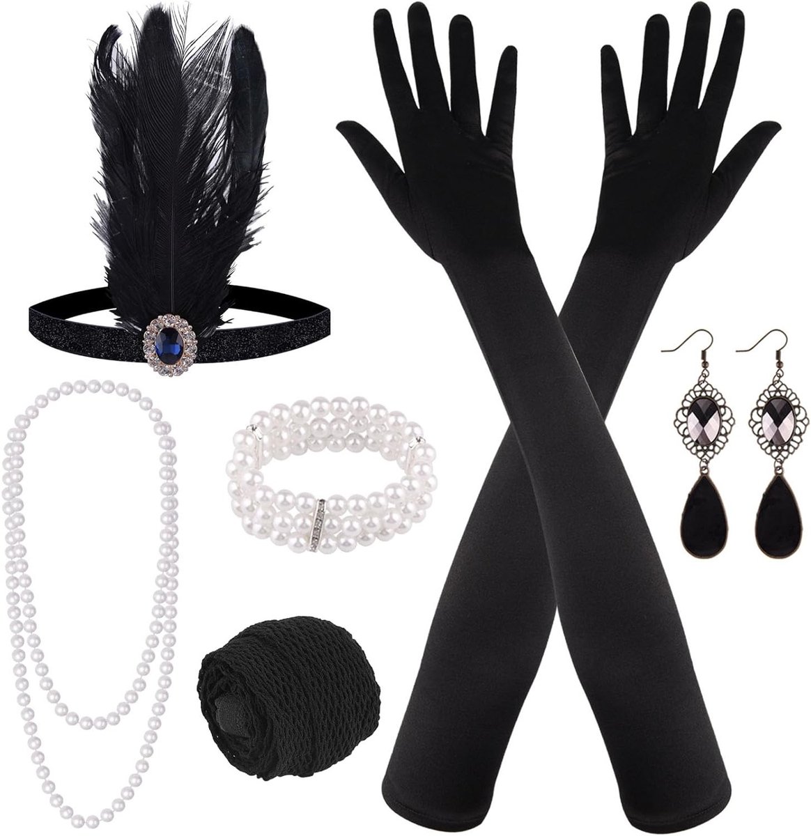 1920s Great Gatsby Accessoires voor Vrouwen, 9-delige Set met Flapper Hoofdband, Lange Zwarte Handschoenen, Ketting en Oorbellen