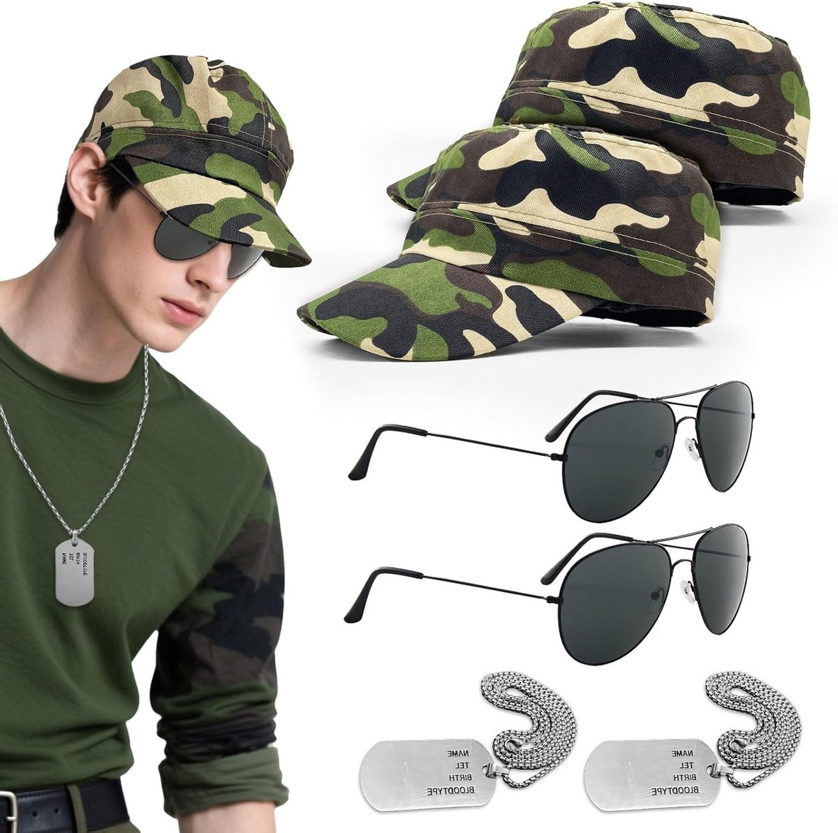 6-delige soldaten kostuumset met camouflage hoed, zonnebril en dog tag voor Halloween en themafeesten, perfect voor cosplay en rollenspel