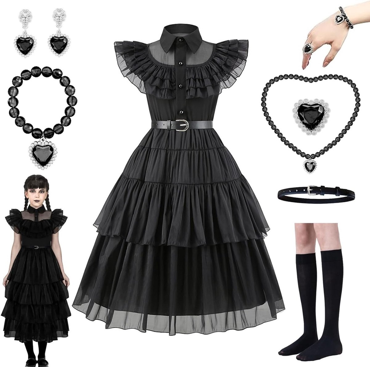 Halloween Kostuum voor Meisjes, Inclusief Accessoires zoals Riem en Kousen, Perfect voor Cosplay en Feestjes van 4 tot 13 Jaar