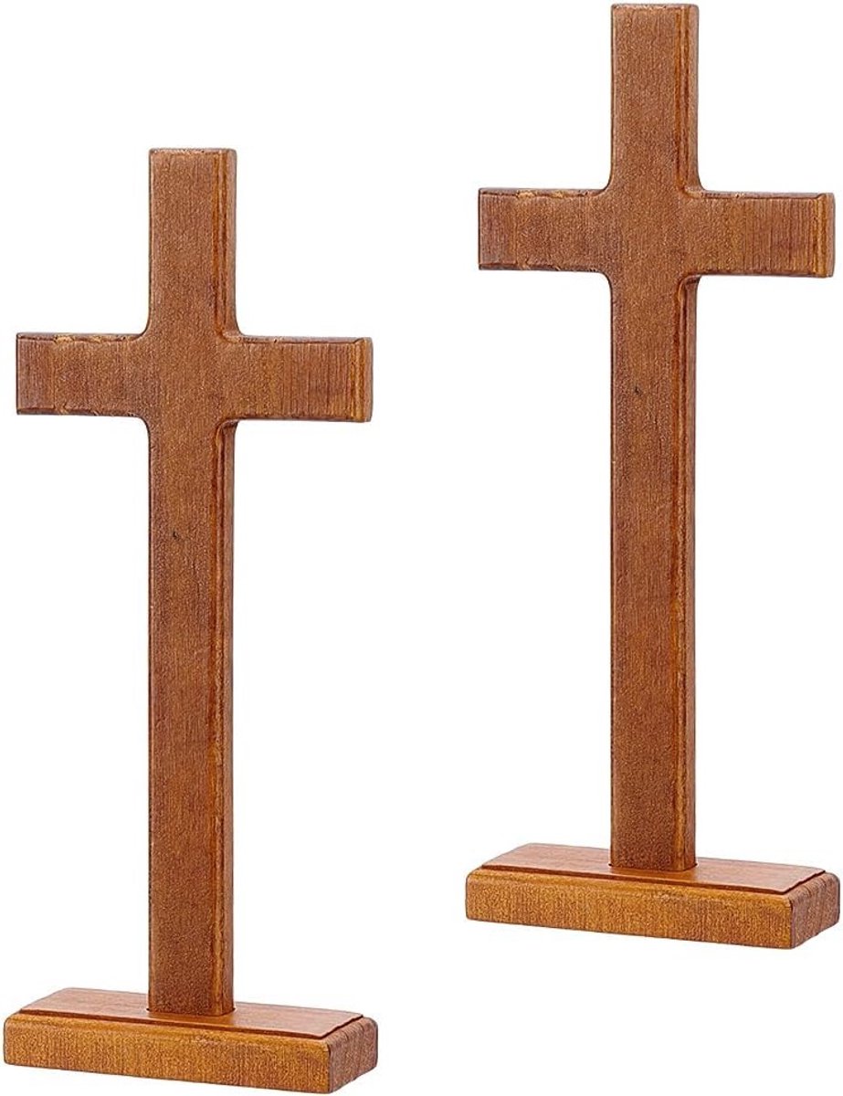 Houten Staande Kruis Ornamenten, 3.5x9x22.5cm Crucifixen voor Thuis, Kerk en Kantoor Decoratie, Set van 2 in Zadelbruin