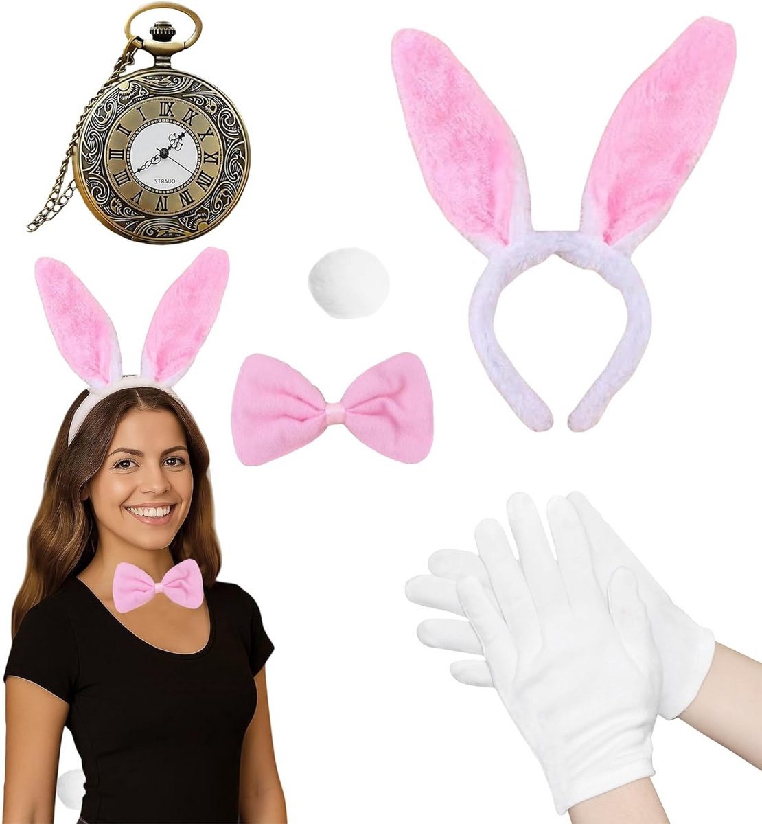 Bunny Kostuum Accessoire Set van 5 Stukken met Hoofdband, Handschoenen, Staart, Zakhorloge en Stropdas voor Carnaval, Pasen, Halloween en Feestjes