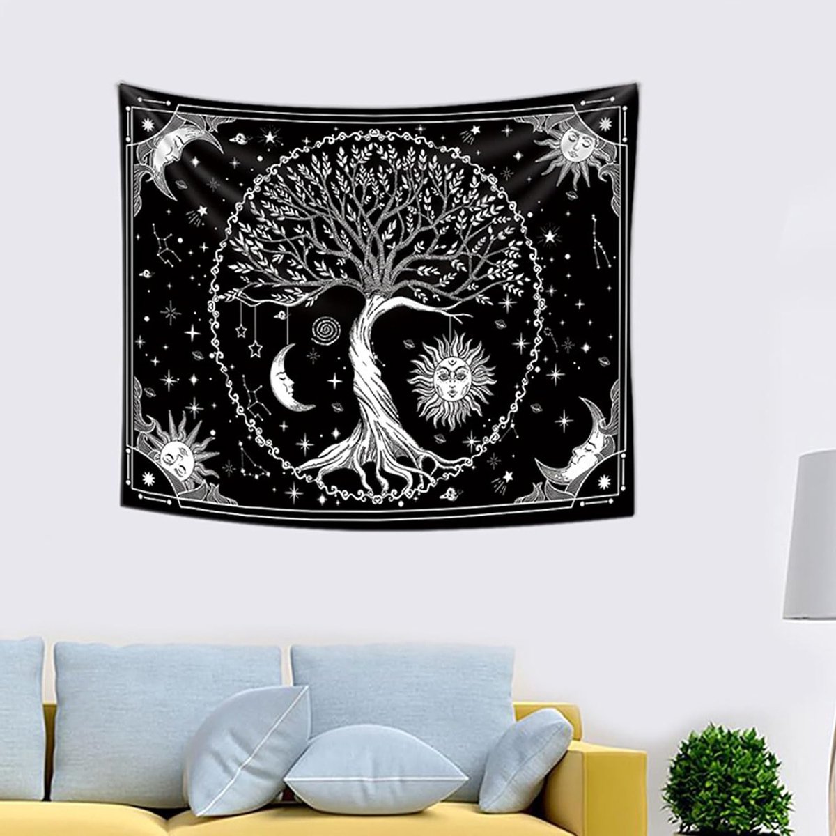 Boom des Levens Wandtapijt, Zwart-Wit Maan Zon Sterrenhemel Wanddecoratie, Mystieke Astrologie voor Slaapkamer Aesthetiek, Psychedelische Woonaccessoire (150x130cm)