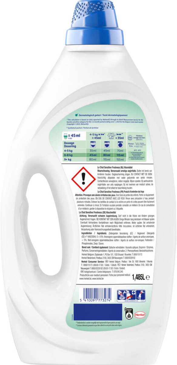 Le Chat Gel Sensitive Freshness - Vloeibaar Wasmiddel - Geschikt Voor Alle Was - Voordeelverpakking - 4 x 33 Wasbeurten