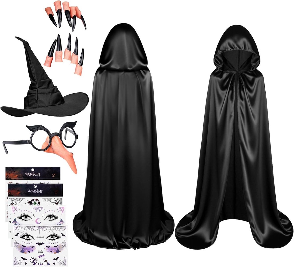 Heksen Cape voor Halloween en Kerst, Lange Gewaad met Kap, Inclusief Hoed en Handschoenen voor Feestelijke Kostuums en Maskerades