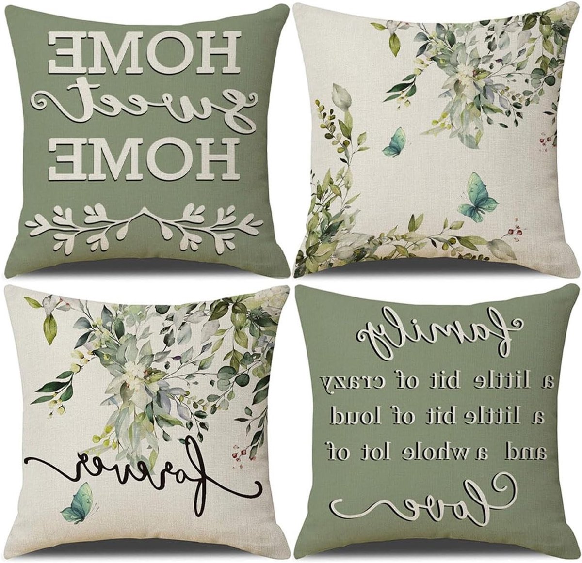 Set van 4 Stuks 45x45cm Linnen Kussenhoezen met Botanische Bloemen en Vlinders voor Sofa en Slaapkamer, Modern Decoratief, Onzichtbare Rits, Groene Kleur