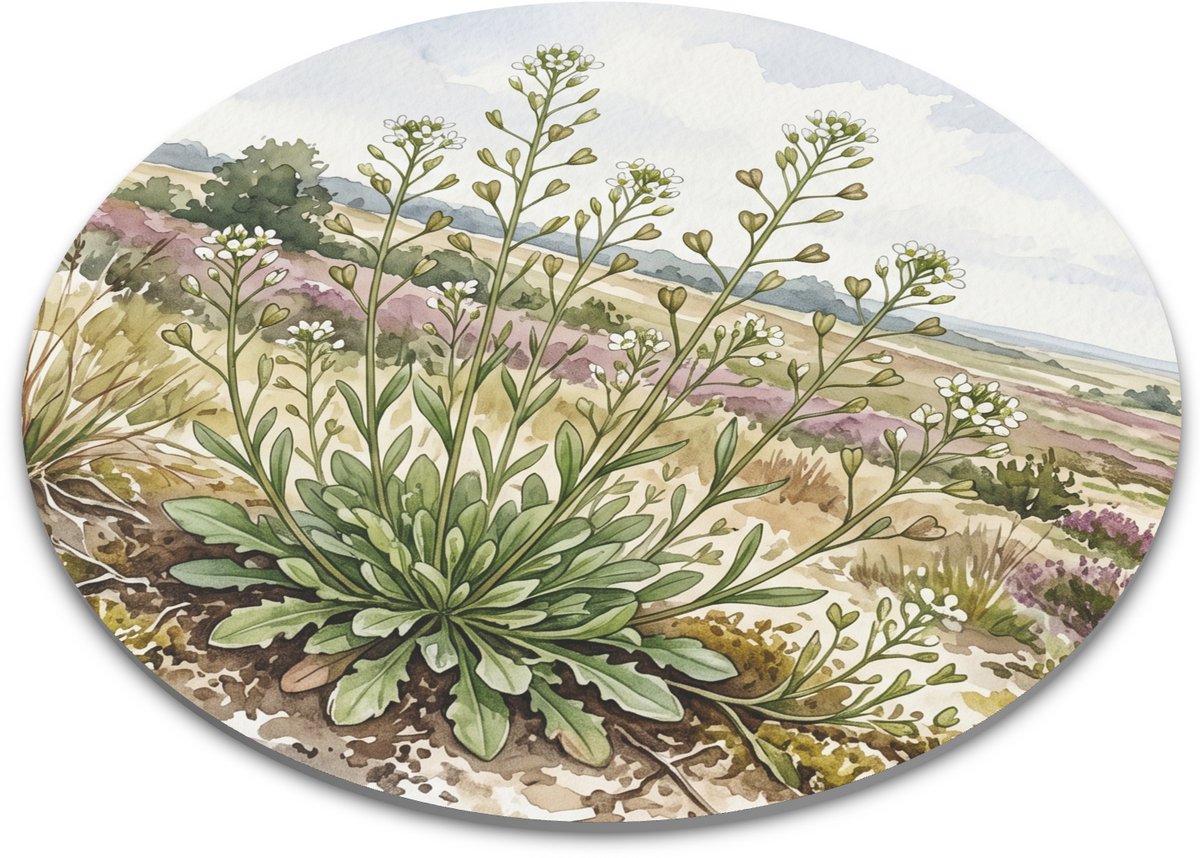Ronde muismat met botanische illustratie van Klein tasjeskruid (Teesdalia nudicaulis) op de heide - Aquarel Series natuur design voor bureau en thuiswerkplek sfeervolle kantoor decoratie - 22x22 cm