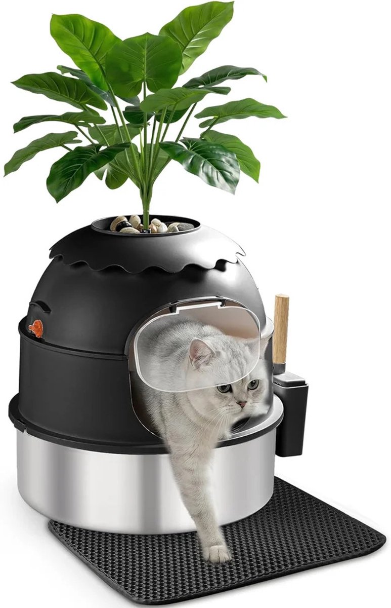 Emvae Kattenbak - Kattenbak RVS - Bloempot - Onopvallende Kattenbak - Volledig Afgesloten - Anti-geur - Zwart