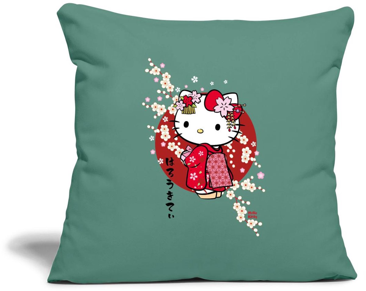 Hello Kitty In Een Rode Kimono En Kersenbloesems Sierkussenhoes, 45 x 45 cm