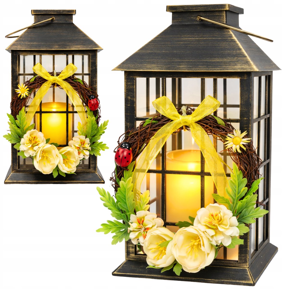 Zonnelantaarn Graf Decoratie met Bloemkrans - Warm LED Licht