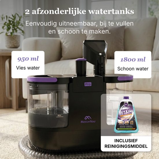 Zwarte en paarse tapijtreiniger met twee aparte watertanks: 950 ml vies water en 1800 ml schoon water.