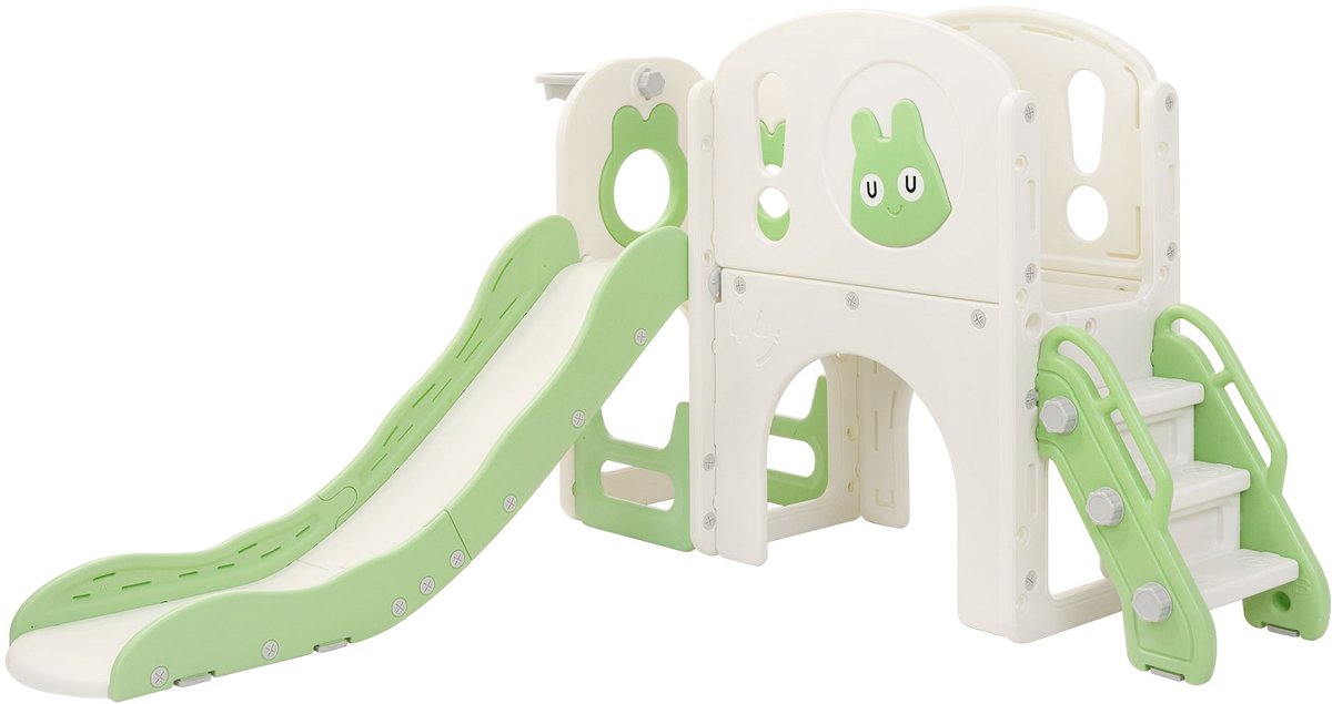 Kinderglijbaan met speeltoren groen en wit 5in1 met basketbalhoepel en indoor/outdoor klimwand voor peuters vanaf 3 jaar Joyz