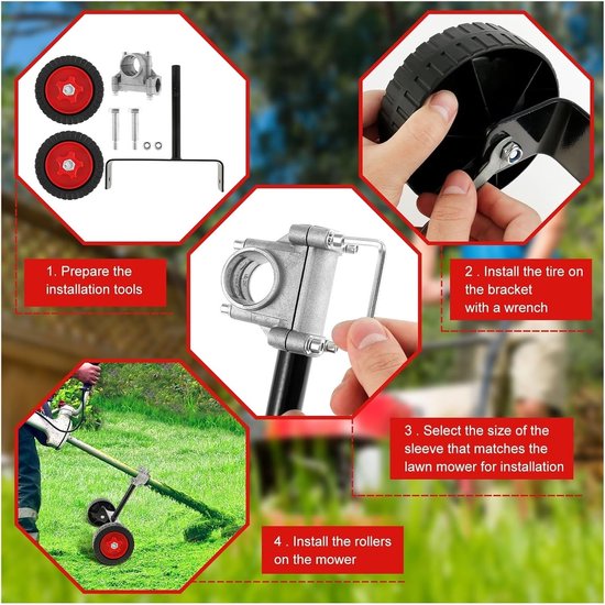 Steunwiel voor trimmer, verstelbare steunwielen, opzetstuk voor grastrimmers, universele accessoires voor tuingrastrimmers, geschikt voor gas/benzine/elektrische borstelsnijstrimmer (26 mm-28 mm) — afbeelding 4