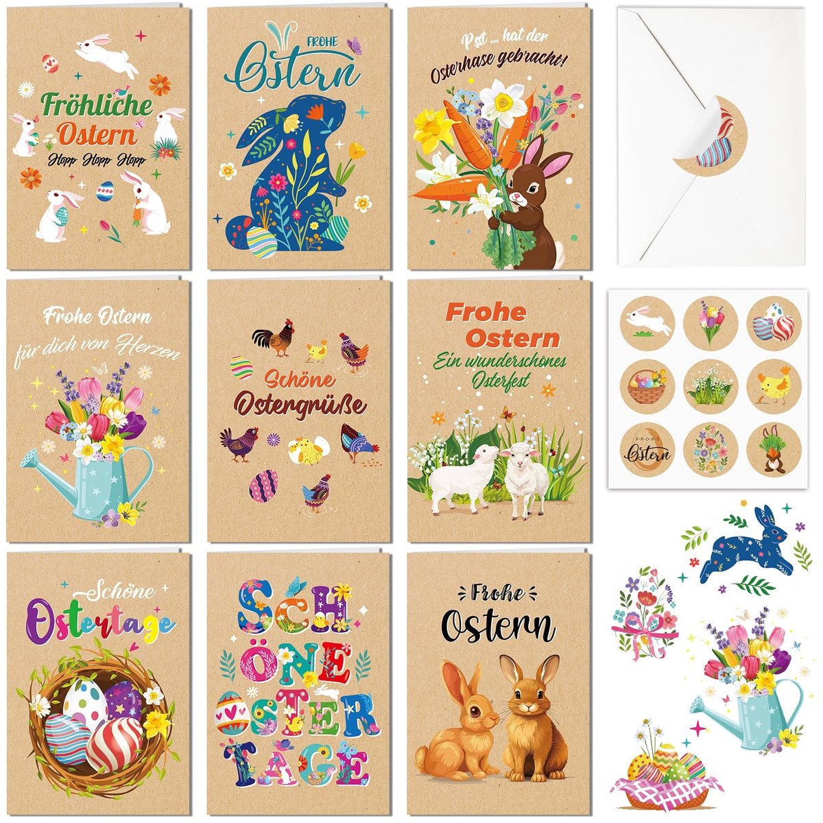 Dailygoods- Paaskaarten set - 9-delig - Kraftpapier - Vrolijke wenskaarten - Blanco - Envelopstickers - Grappig origineel