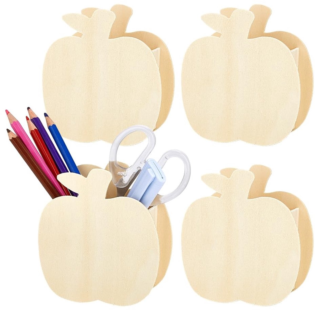 Dailygoods- Pennenhouder Appelvorm - Houten Organizer - 4 Stuks - Milieuvriendelijk - Desk Organizer - Perfect voor Thuis en Kantoor - Pennenorganizer