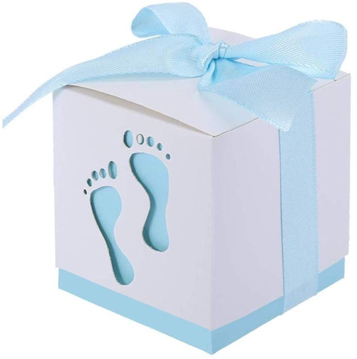 JHUBERS- Gastgeschenkdoosjes 50 x Blauwe Voetafdruk - Snoepdoosjes - Babyshower - Verjaardag - Doop - Feestdecoratie - Duurzaam Karton - Cadeau-doosjes