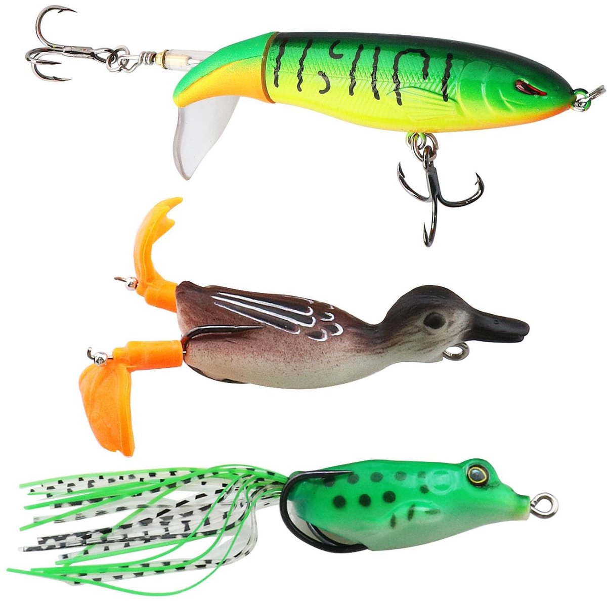 JHUBERS- Visspelden Set van 3 - Topwater Kunstaas - 3D Eend/Topwater Kikker - Kunststof/Metaal - Realistische Beweging - Voor Zoet/Zoutwater - Visspullen