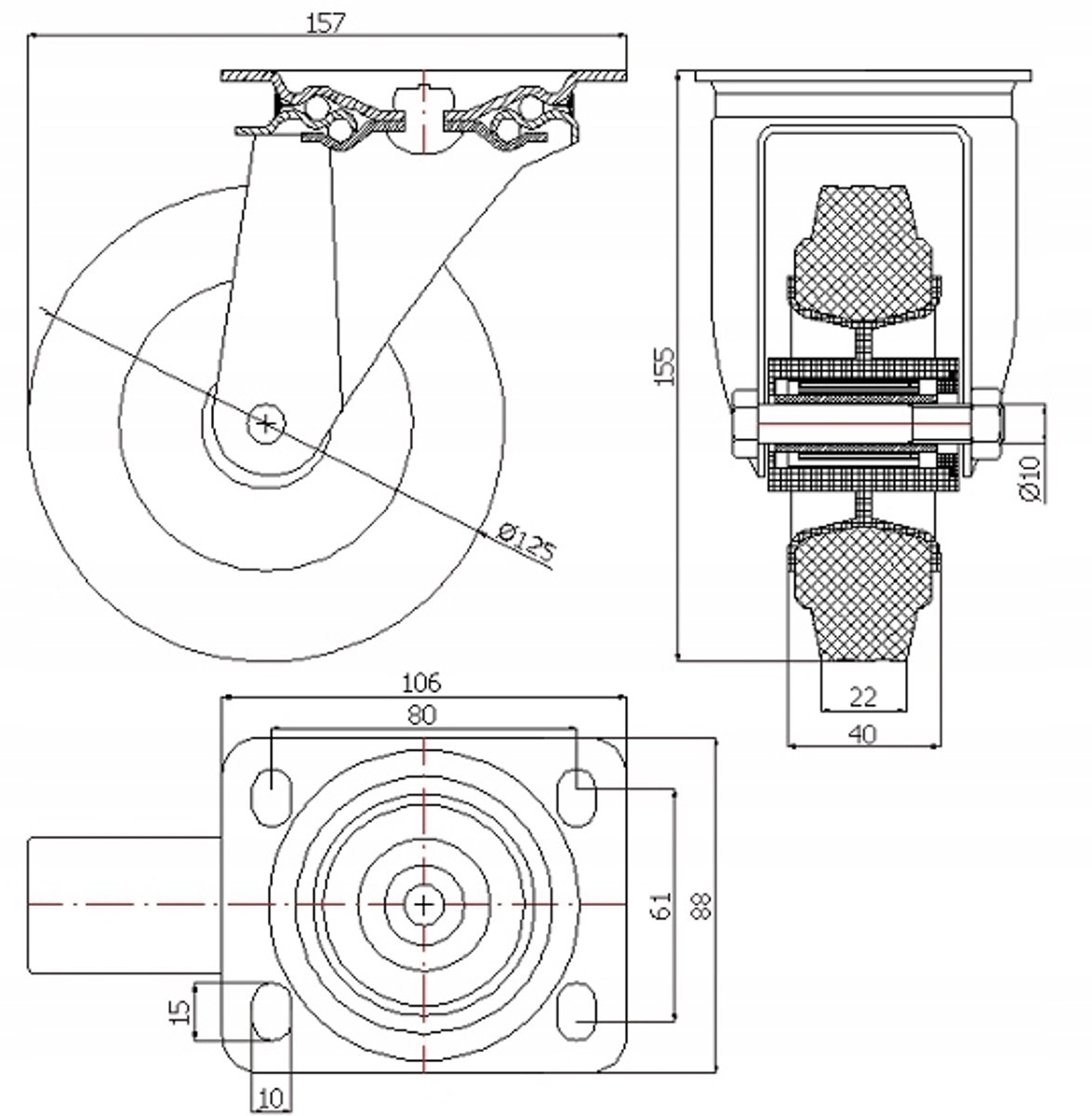 Zwenkbaar Wiel 125mm Kunststof Rubber - 60kg Draagvermogen