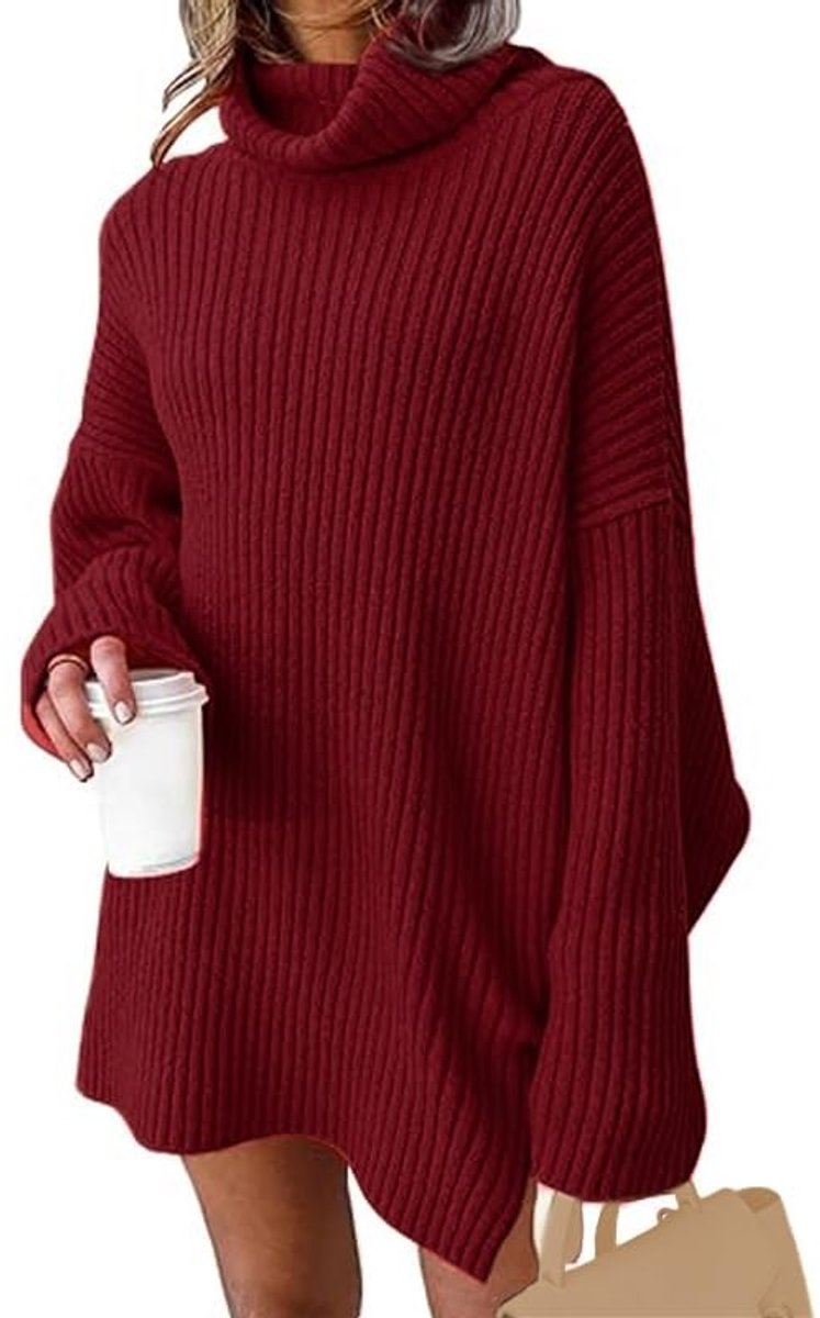 JHUBERS - Winterjurk Dames - Gebreide Lange Jurk - Comfortabele Vleermuismouwen - Oversized Coltrui - Warm en Ademend - Geschikt voor Elke Gelegenheid