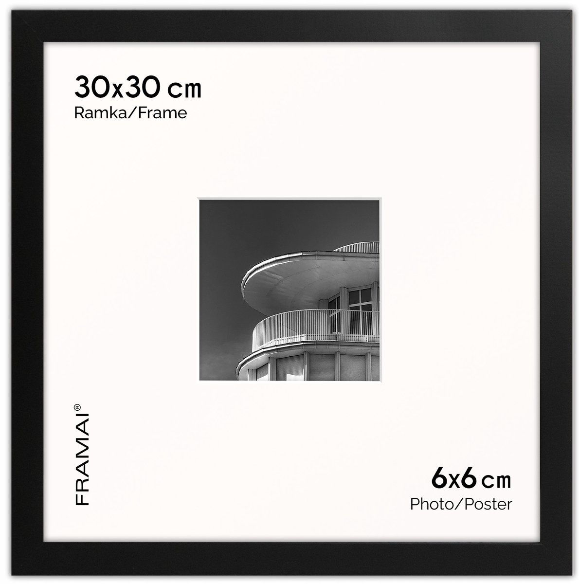 Zwarte foto 30x30 cm met passe-partout 6x6 cm