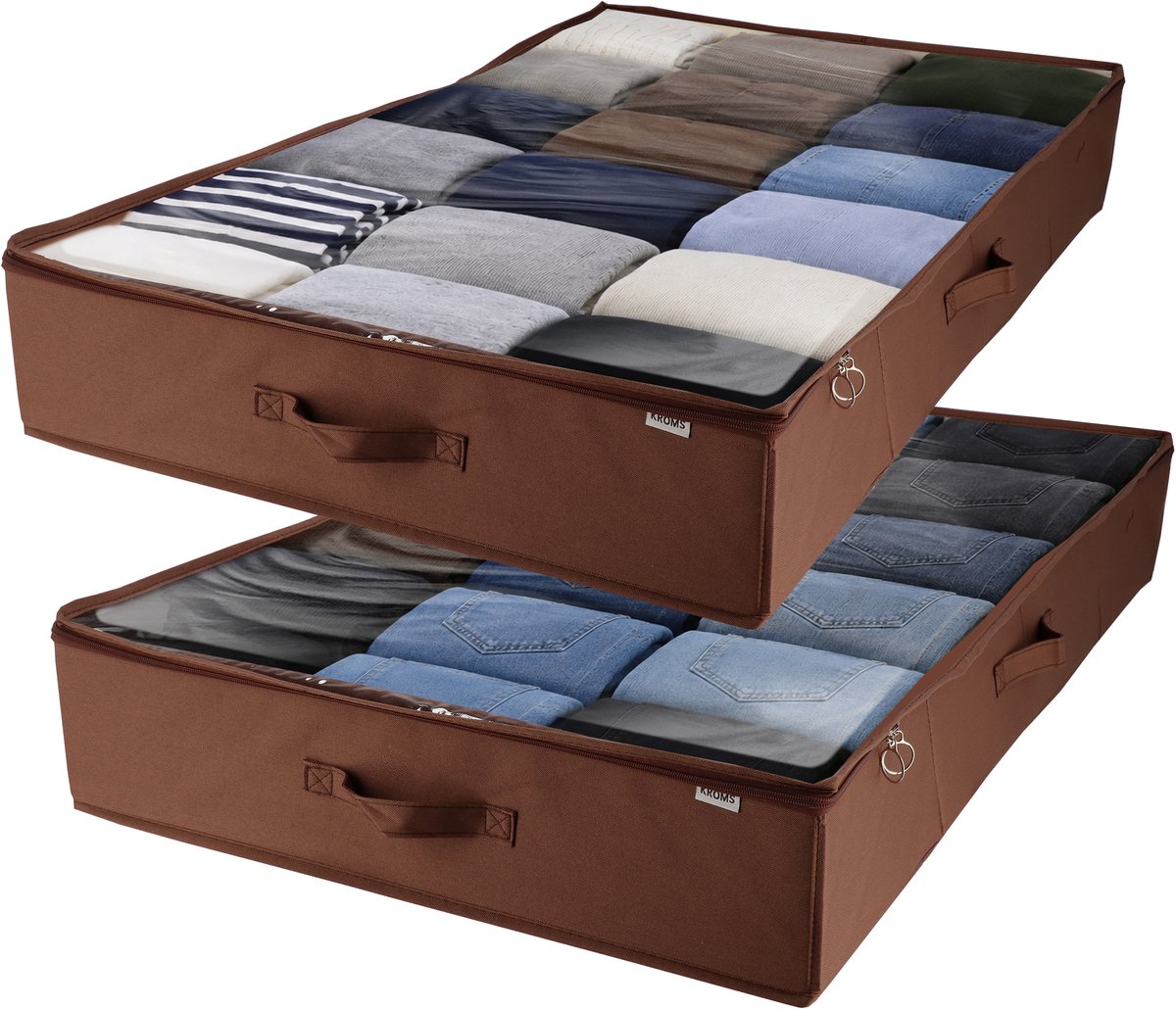 KROMS Under bed organizer set van 2 – Bruin – 100 x 60 x 15 cm– Premium opbergtas onder bed – Voor kleding, dekbedden & beddengoed – Opvouwbare kast organizer met rits