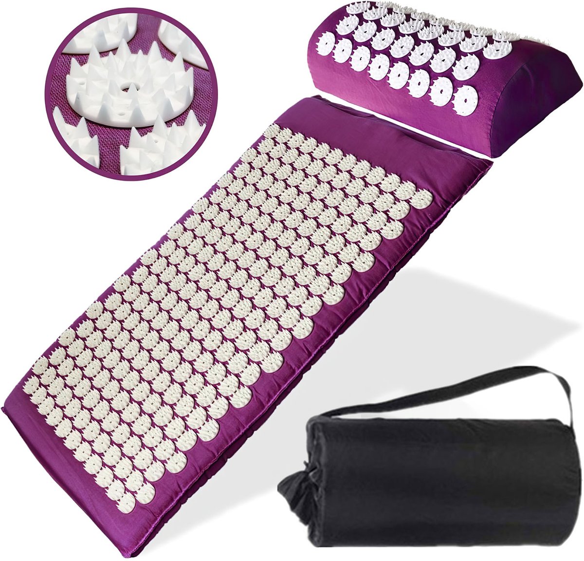 Acupressuurmat Set Paars – Yoga Massagemat met Kussen en Opbergtas – Ontspanningsmat voor Yoga, Meditatie en Spierontlasting